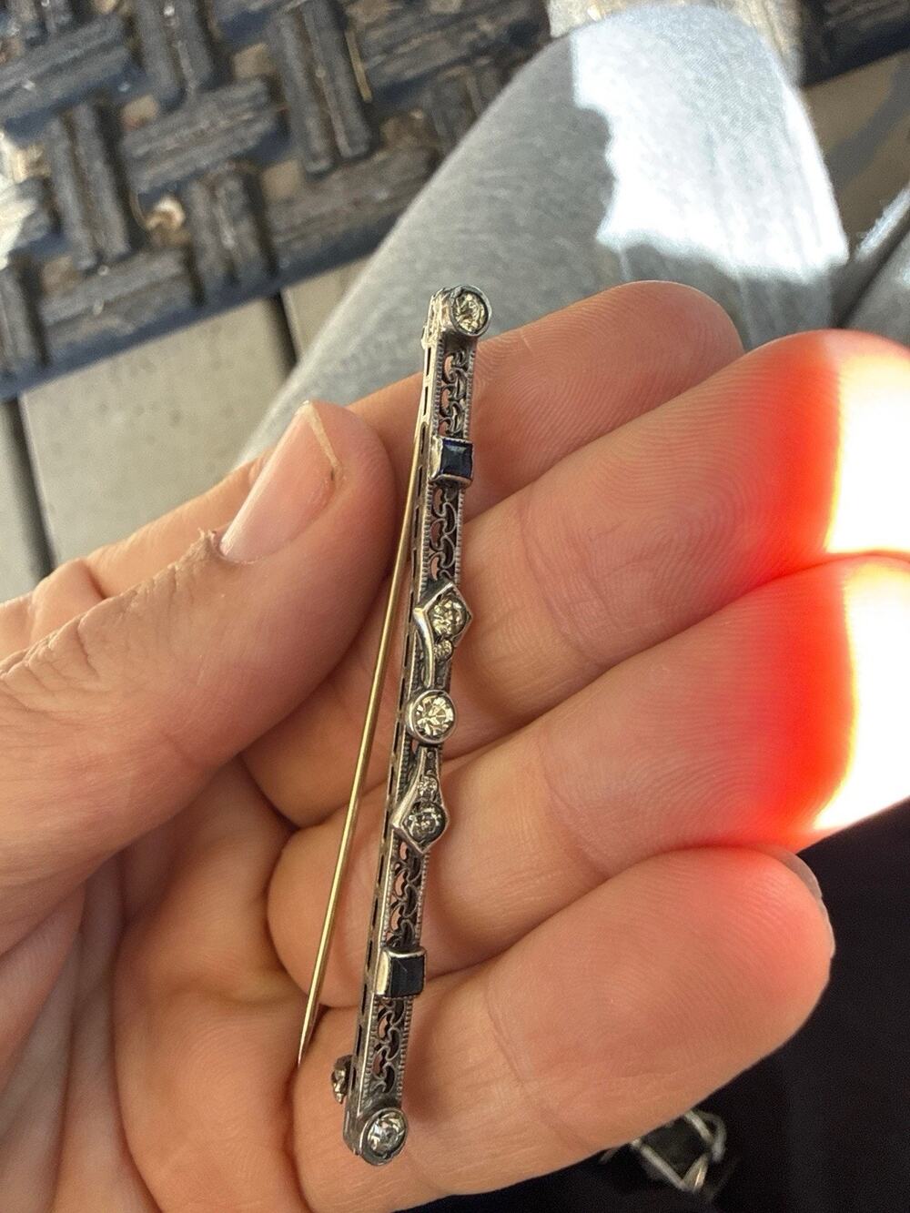 Antique Art Deco Sterling Silver Filigree Bar Brooch Blue Sapphire Paste 1920s